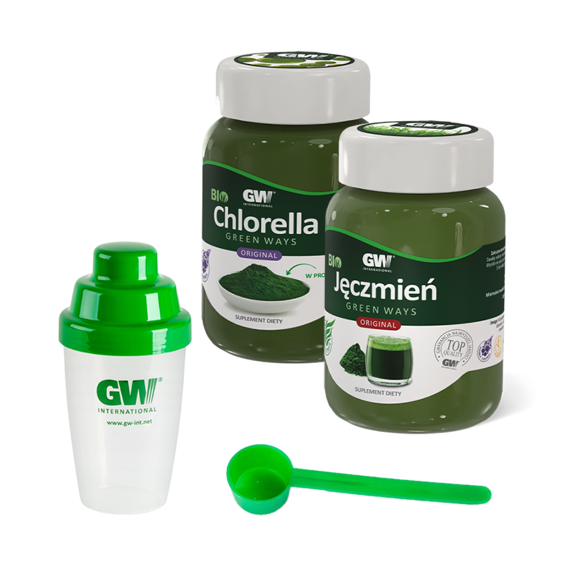 Green Ways BIO CHLORELLA 350 g + JĘCZMIEŃ 300 g + SHAKER + MIARKA