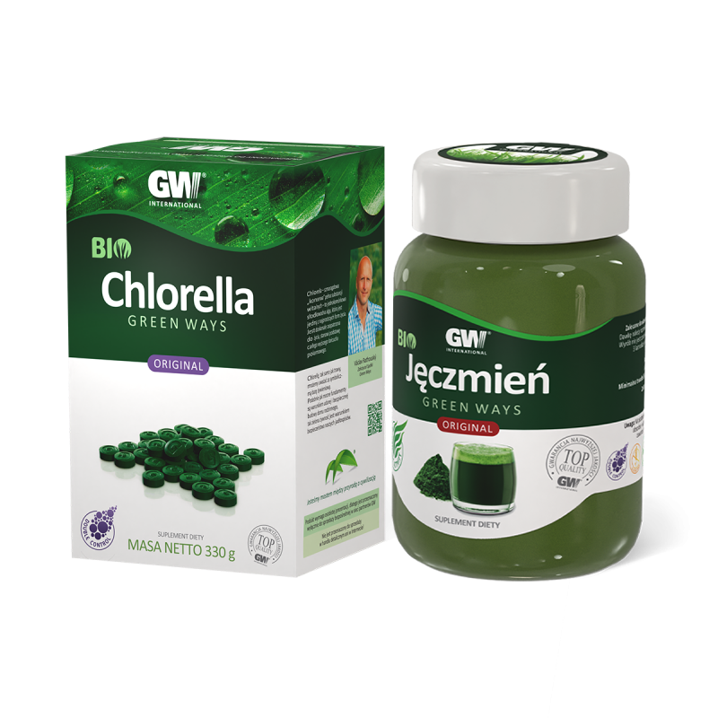 Green Ways BIO CHLORELLA 330 g (1320 tab.) + BIO JĘCZMIEŃ 300 g w proszku