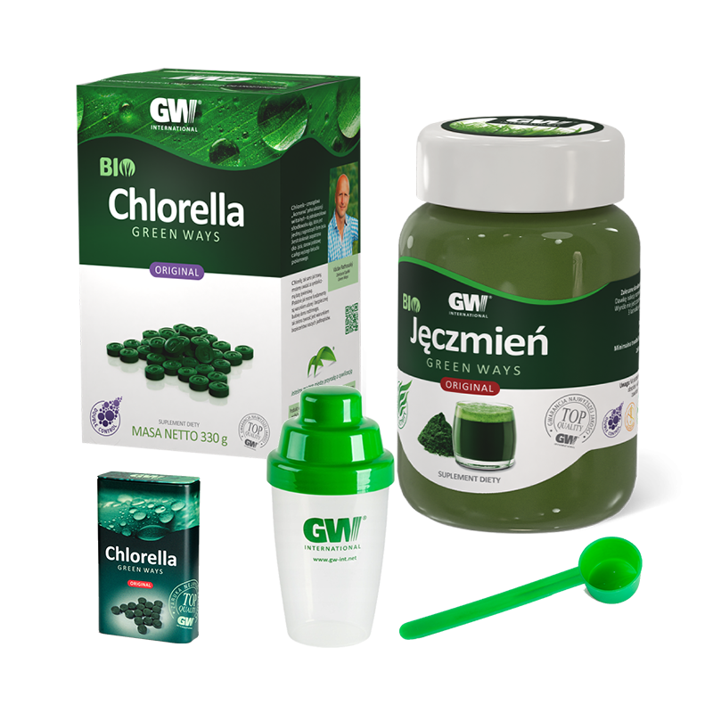 Green Ways BIO CHLORELLA 330 g + JĘCZMIEŃ 300 g + SHAKER + MIARKA + PUDEŁKO